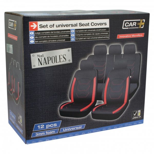 CAPAS DE ASSENTO DE NÁPOLES 12 PCS PRETO VERMELHO COSTURA