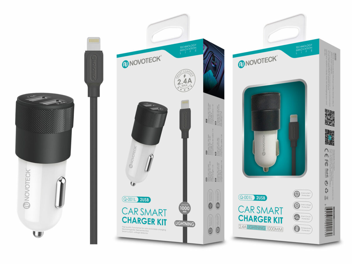 Kit Carregador Automóvel 2.4A 2 USB Negro com Cabo Lightning Q-001L - Image 1